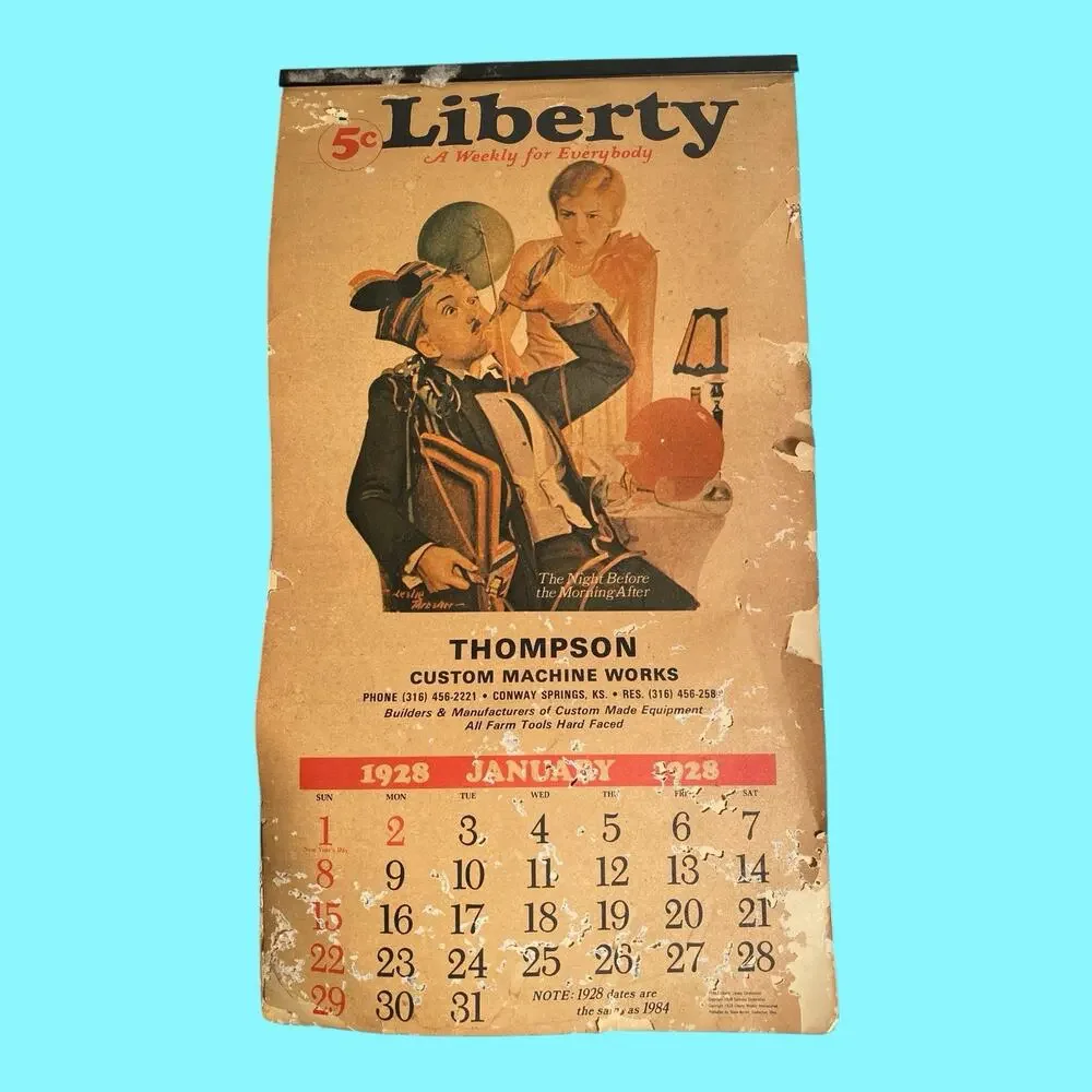 1928 Liberty Calendar Thompson Custom Machine Works 1982 Same Dates As 1928